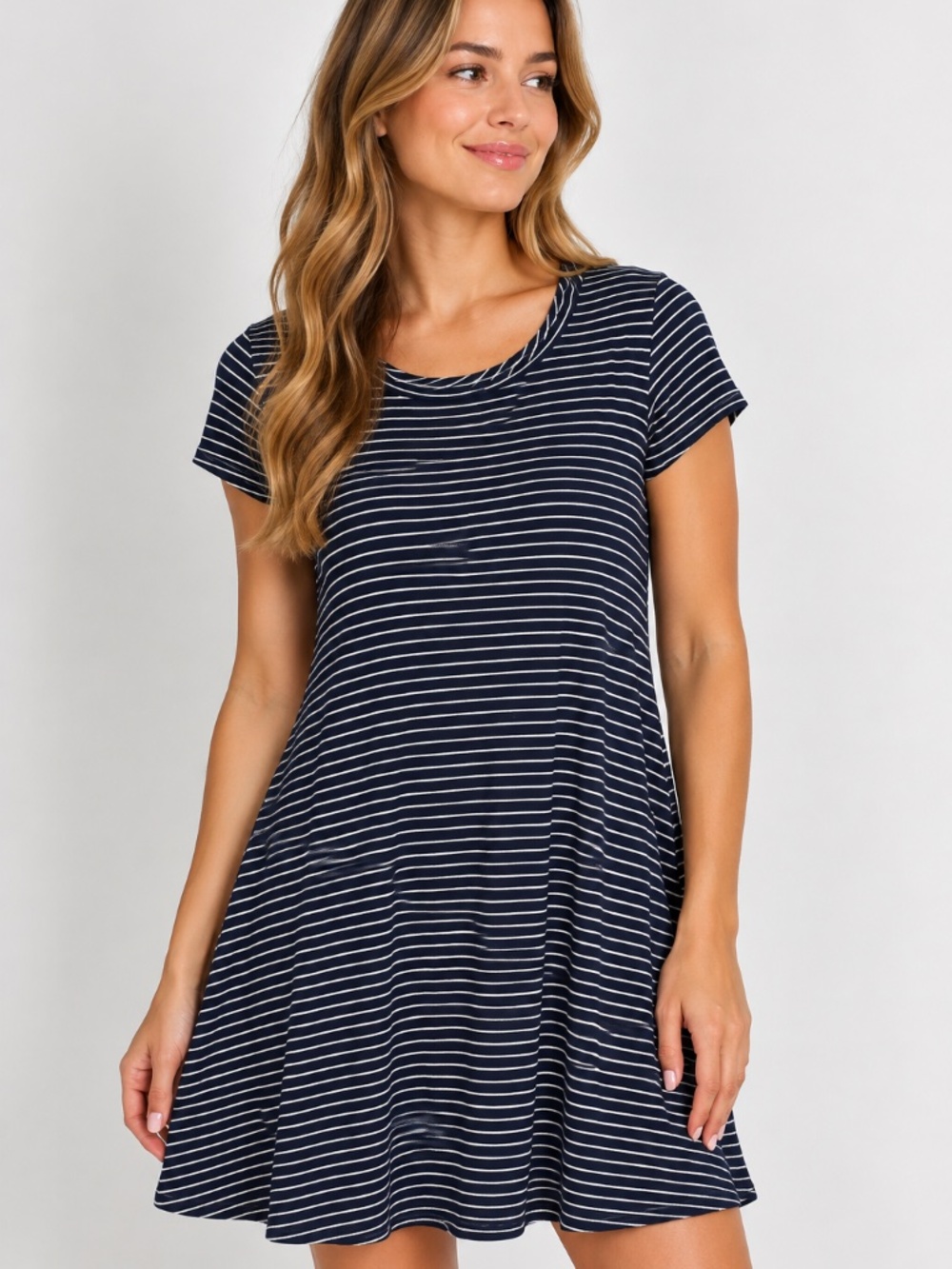 Olivia Rae Women’s Navy & White Striped Short Sleeve Swing Dress, size Large